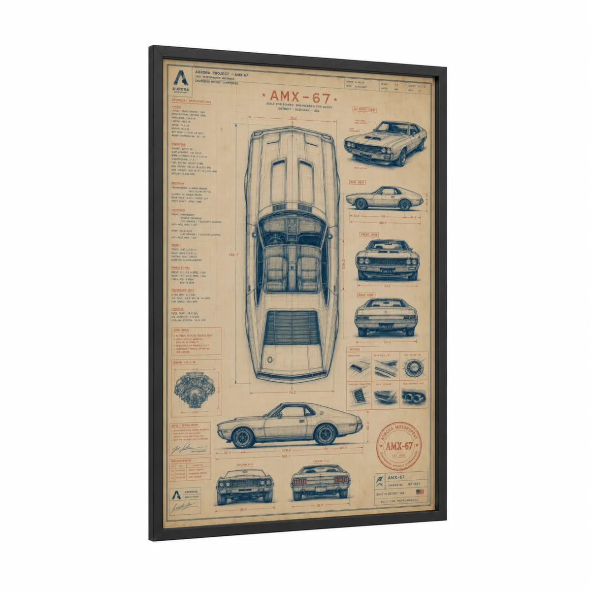 Amx-67 Muscle Car Blueprint Wall Art | Vintage Automotive