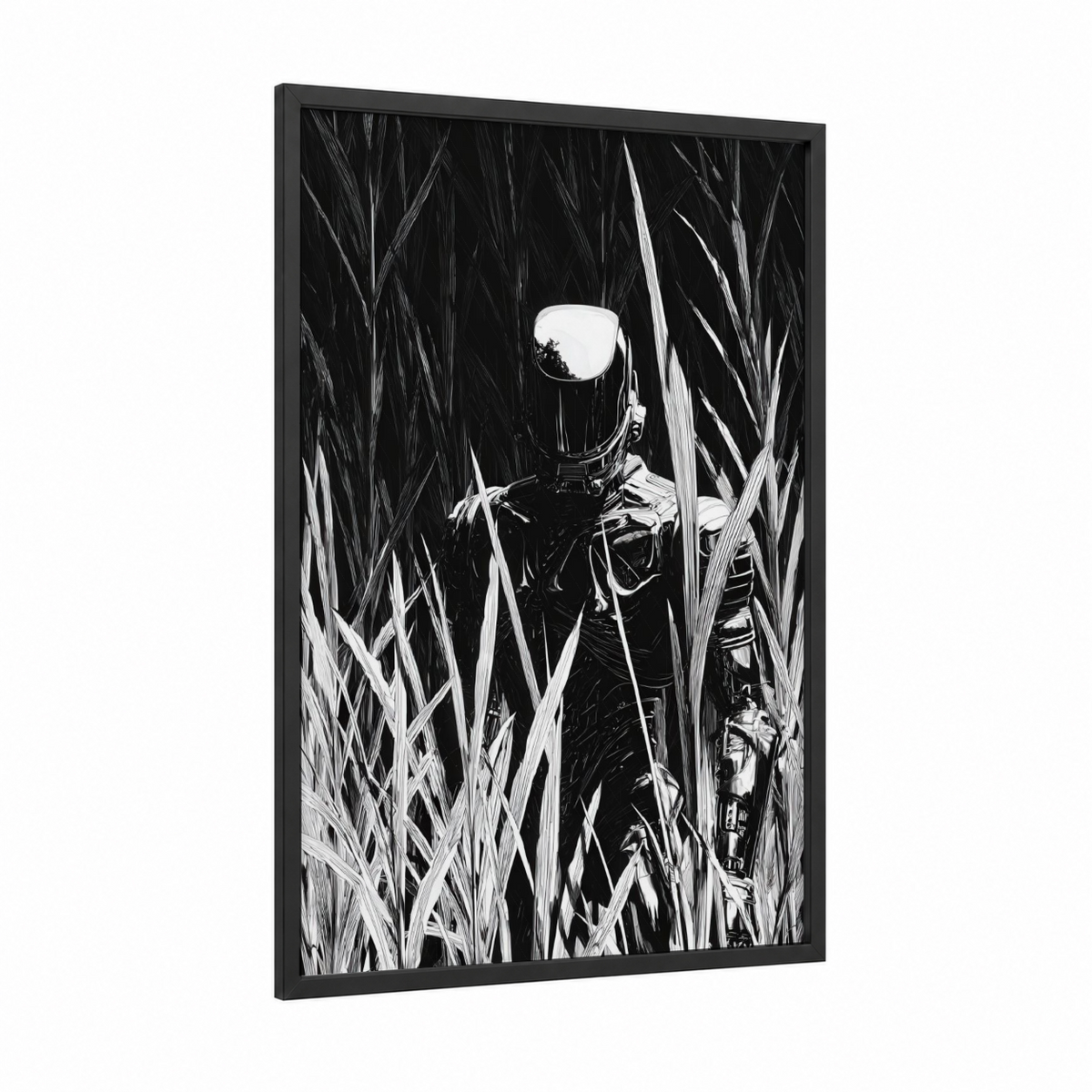 Alien Figure Tall Grass Black White Wall Art
