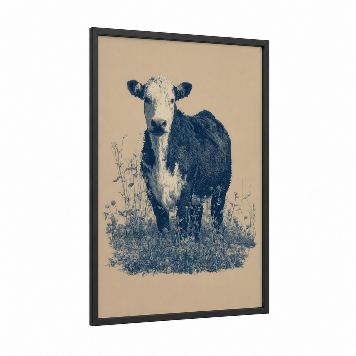 Angus Cow in Wildflower Field Illustration Wall Art