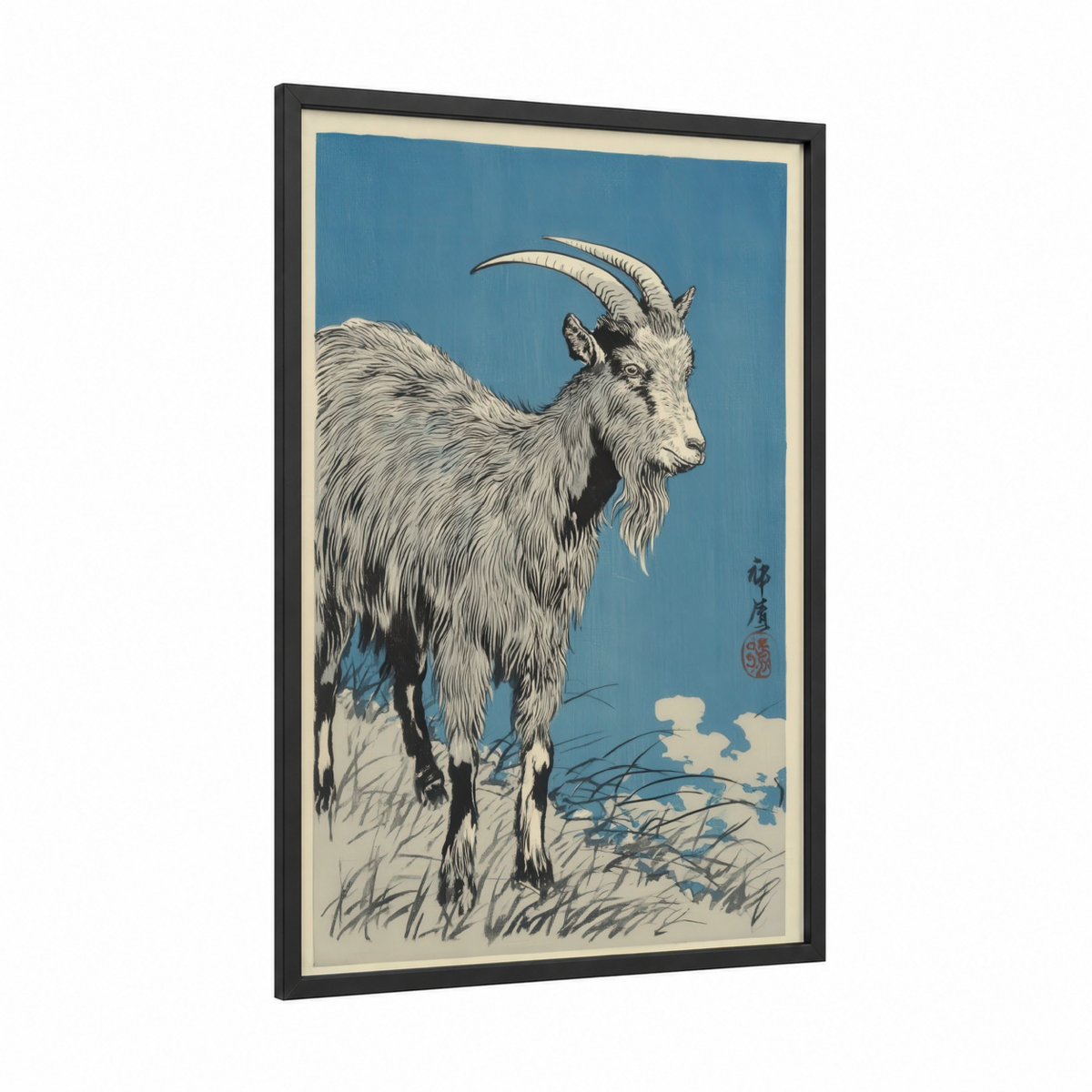 Alpine Goat with Long Horns Blue Wall Art