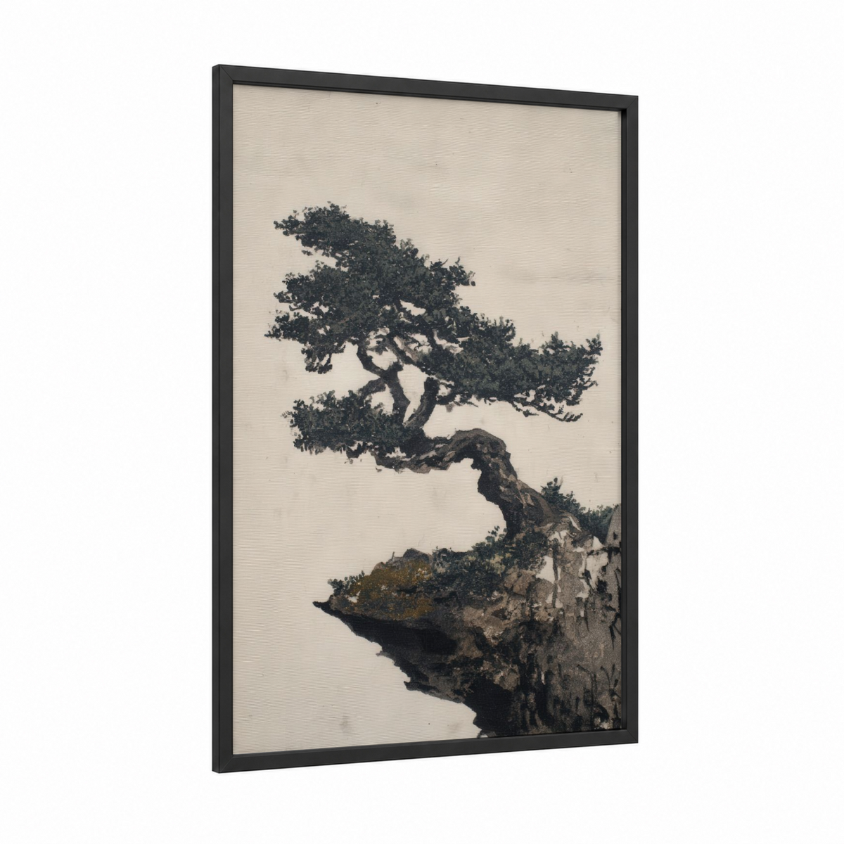 Ancient Bonsai Tree on Rocky Cliff Wall Art