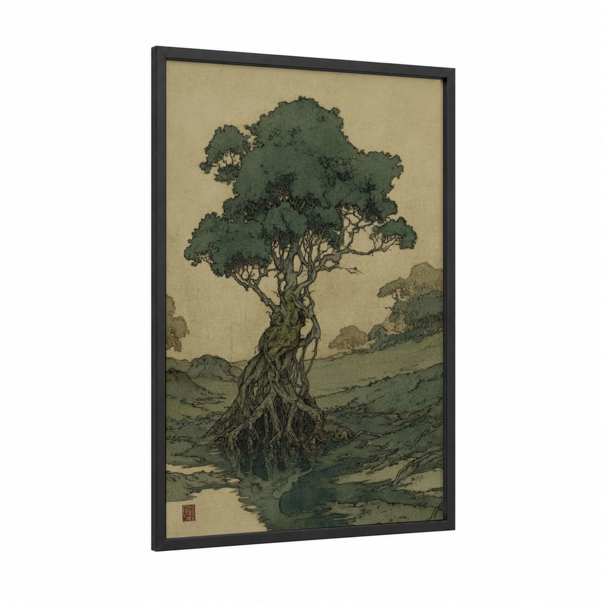 Ancient Banyan Tree Japanese Woodblock Wall Art
