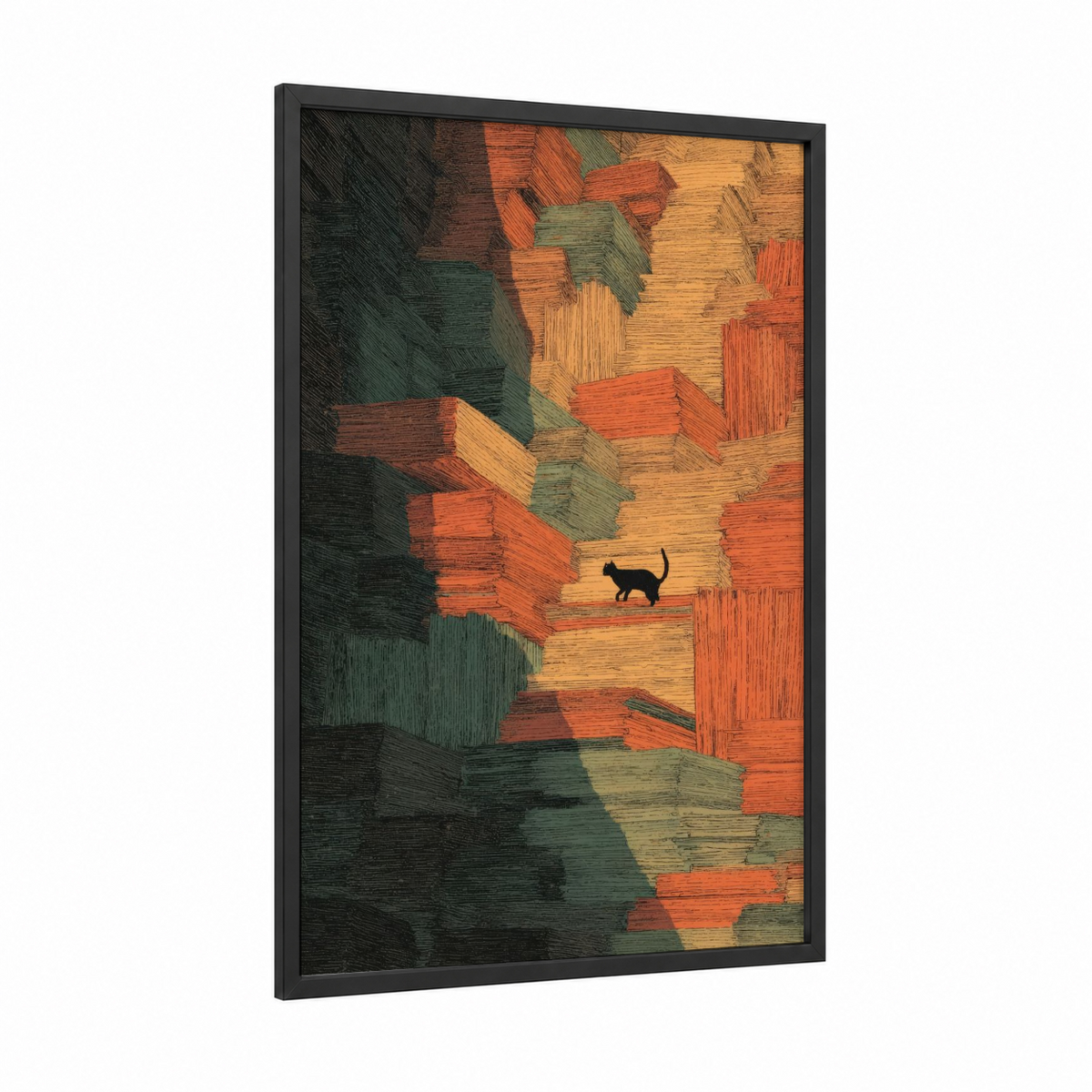 Abstract Cat Geometric Wood Texture Wall Art