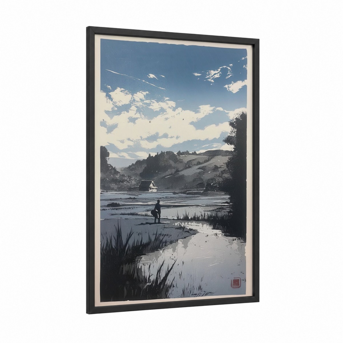Angler Riverside Landscape Woodblock Wall Art